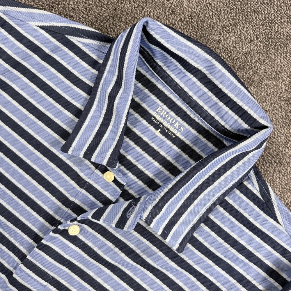 Brooks Brothers Mens Large Blue Striped Performance Stretch Polo Shirt Short Slv